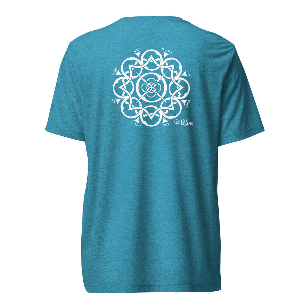 Blue t-shirt with a white geometric design on the back against a white background