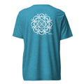 Blue t-shirt with a white geometric design on the back against a white background
