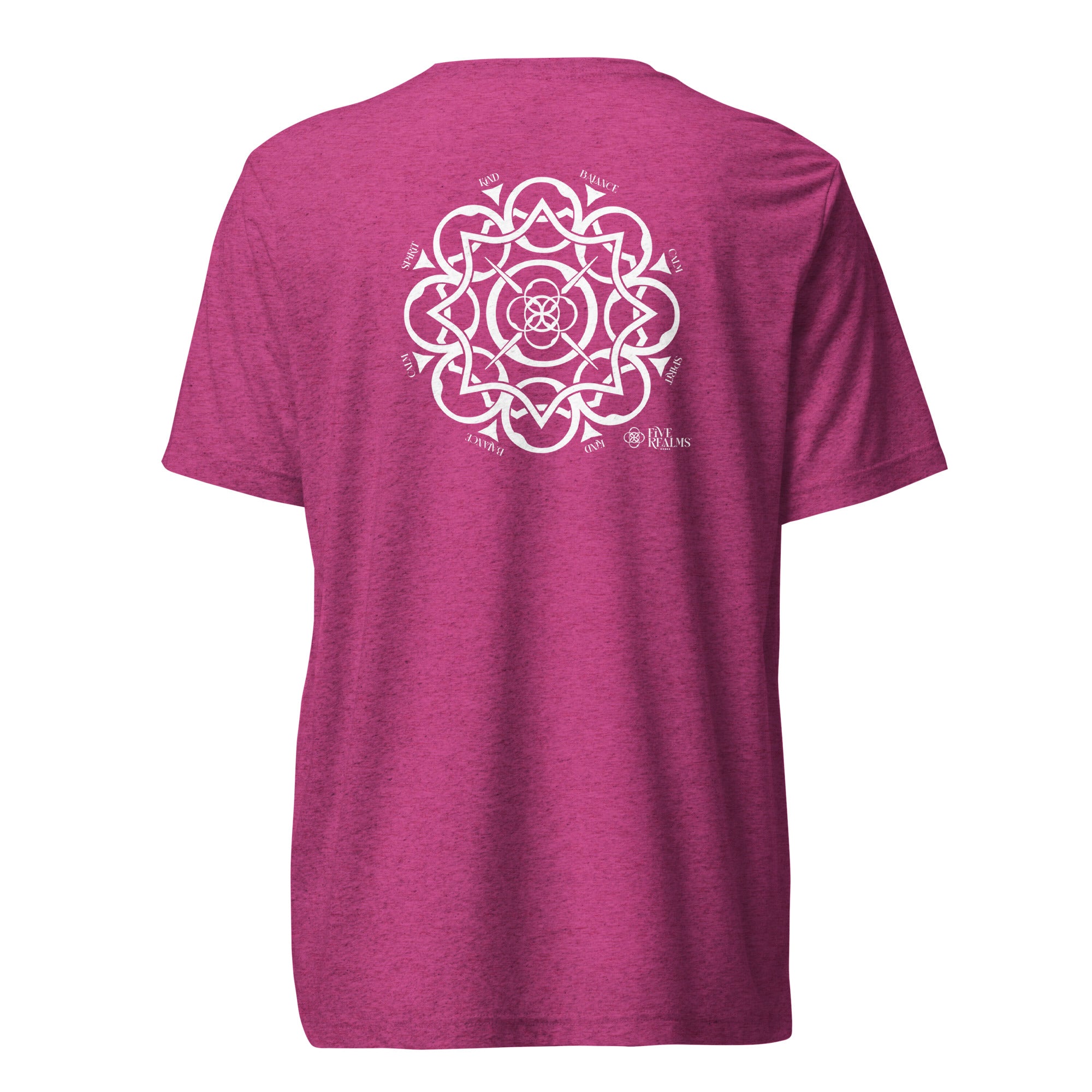 Magenta t-shirt with a white geometric design on the back against a white background