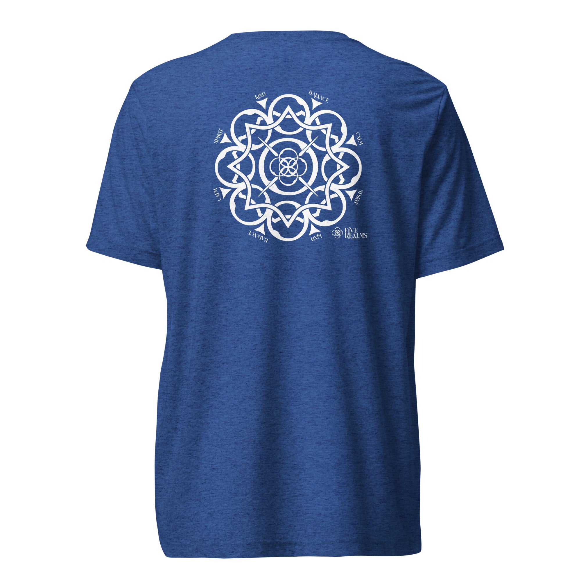 Blue t-shirt with a white geometric design on the back against a white background