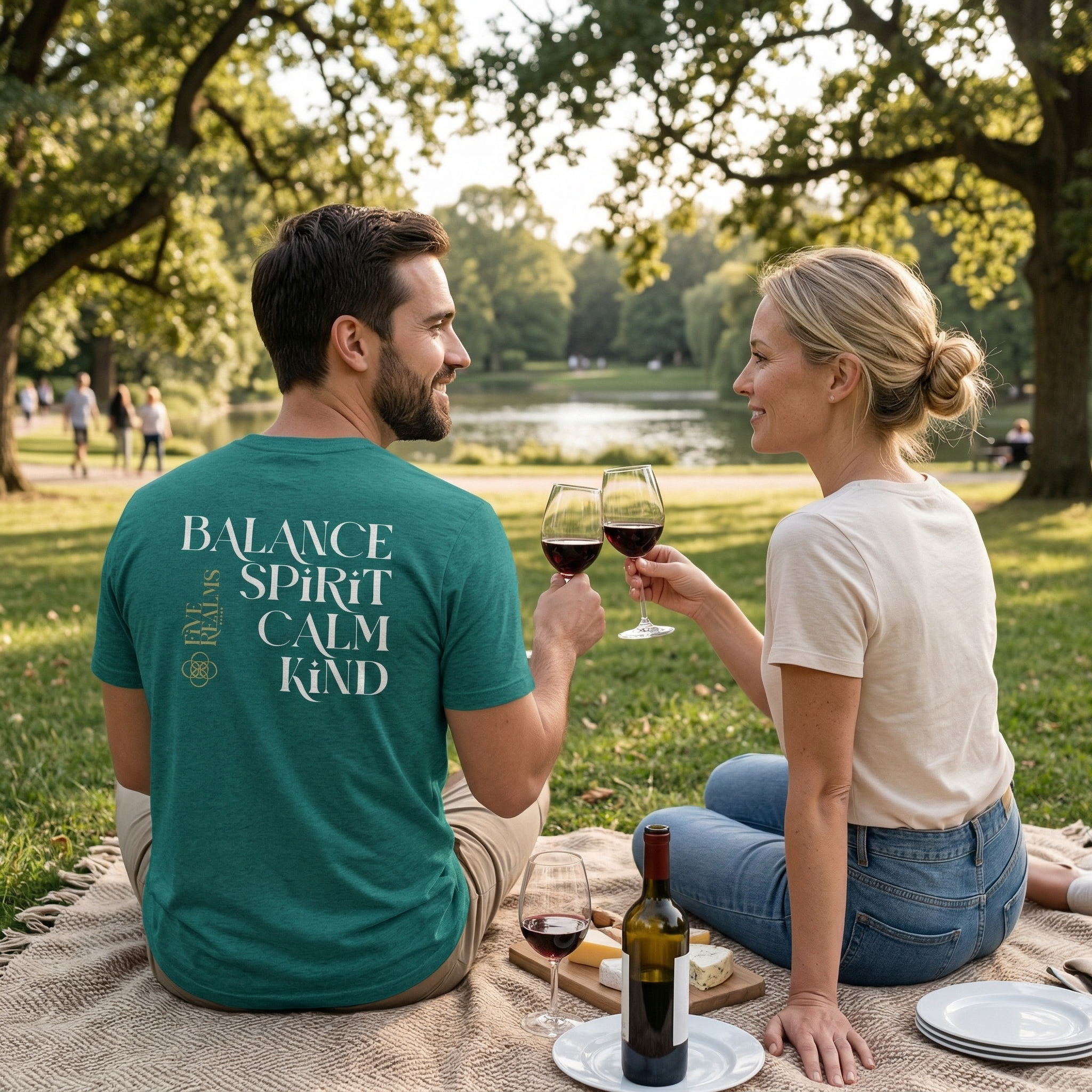 Man and woman sitting on a blanket in a park, enjoying wine together.