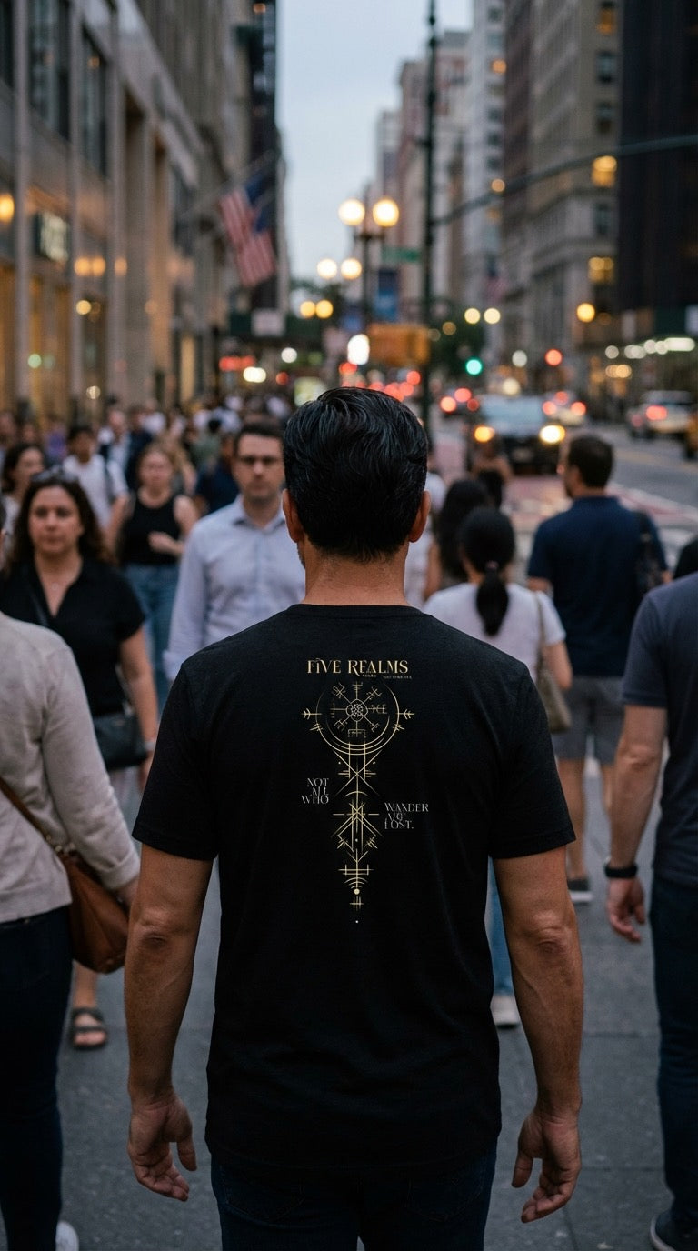 Person wearing a black t-shirt with a design on the back in a busy city street.