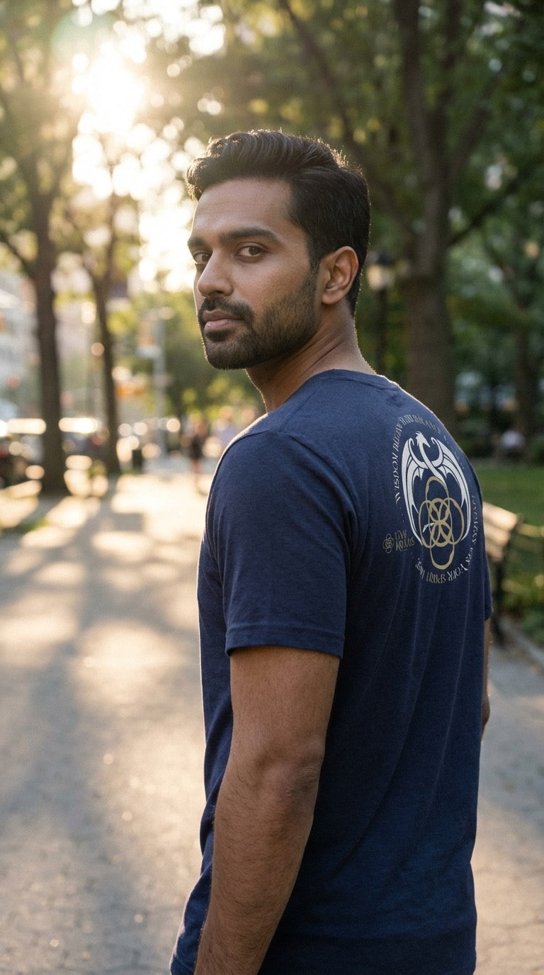 Man wearing a blue t-shirt with a logo on the back, standing outdoors.