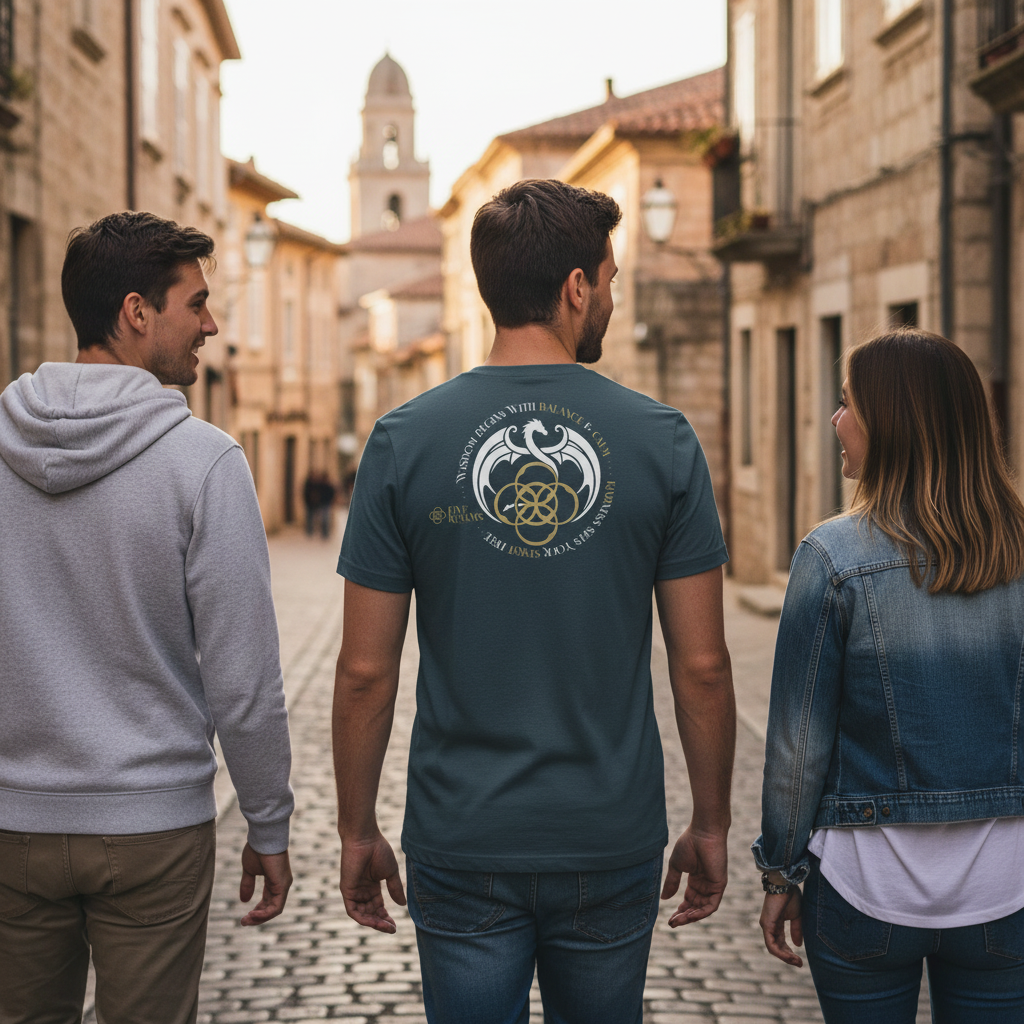 Three people walking down a cobblestone street with a clock tower in the background. The person in the middle is wearing a slate colored T-Shirt with a design that has a dragon pattern.