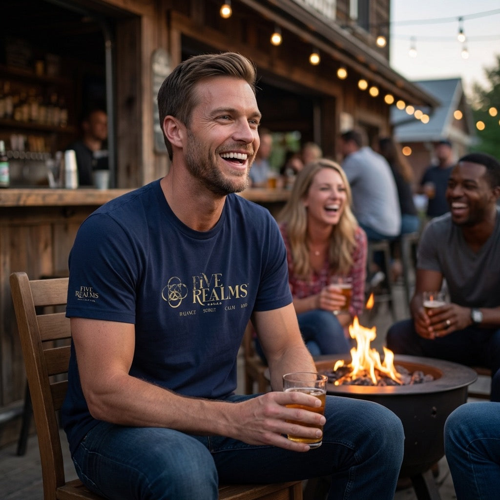 Man sitting outdoors by a fire pit, holding a drink, with people in the background.