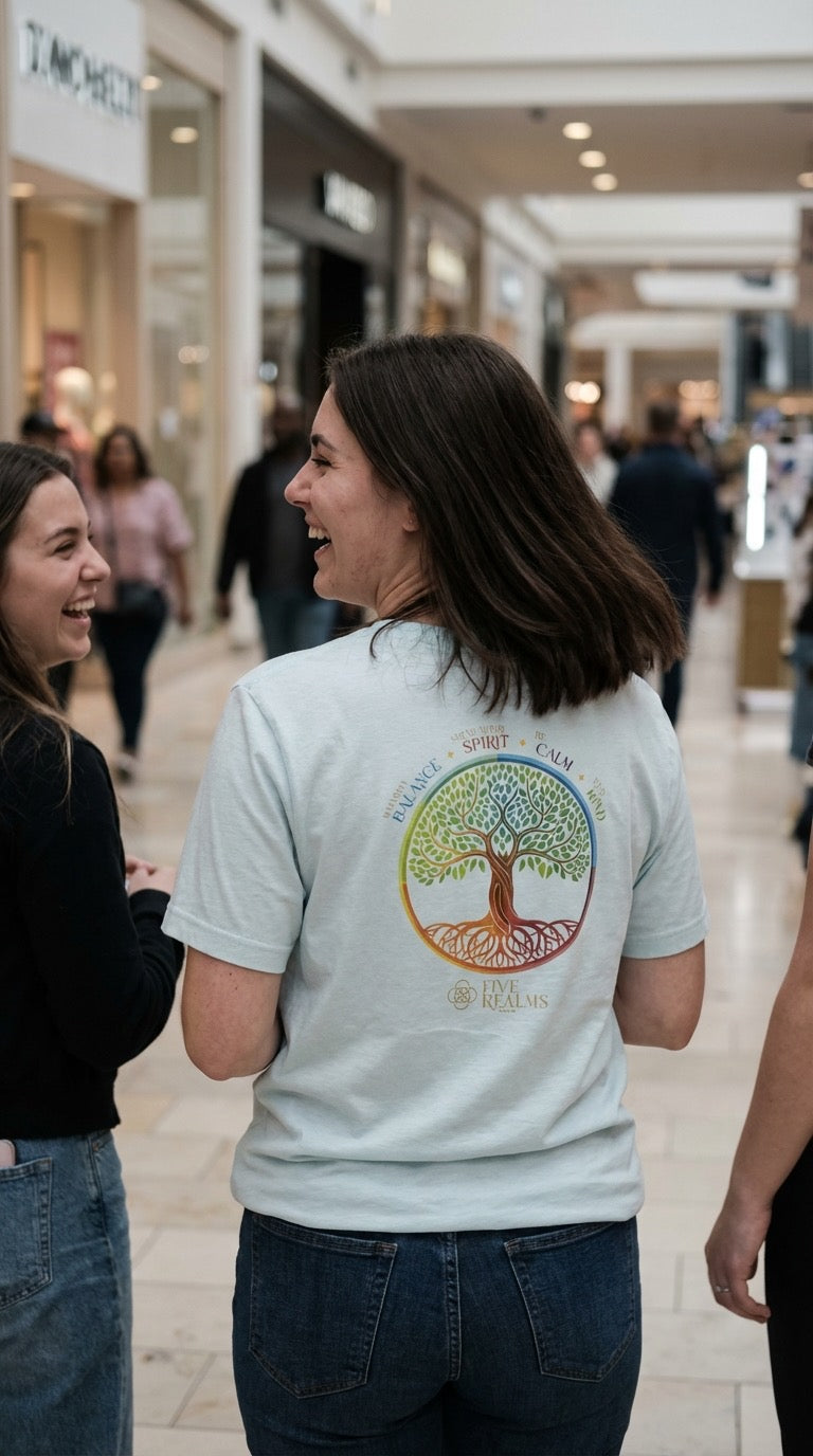 Woman wearing a light blue t-shirt with a colorful tree design in a shopping mall.