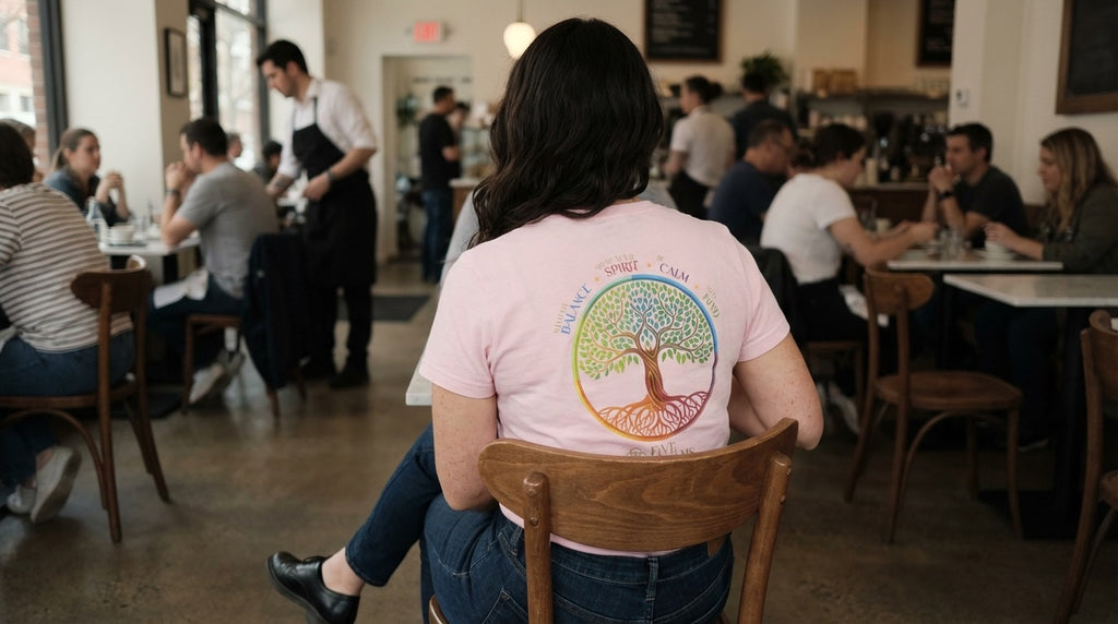 Person sitting in a cafe wearing a colorful t-shirt with a tree design.