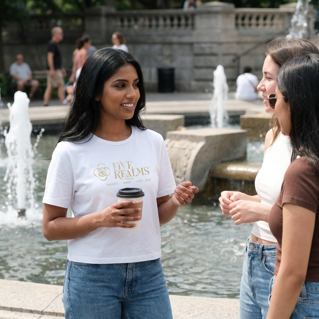 Three women standing by a fountain, with one holding a coffee cup and wearing a 'Five Realms' t-shirt.