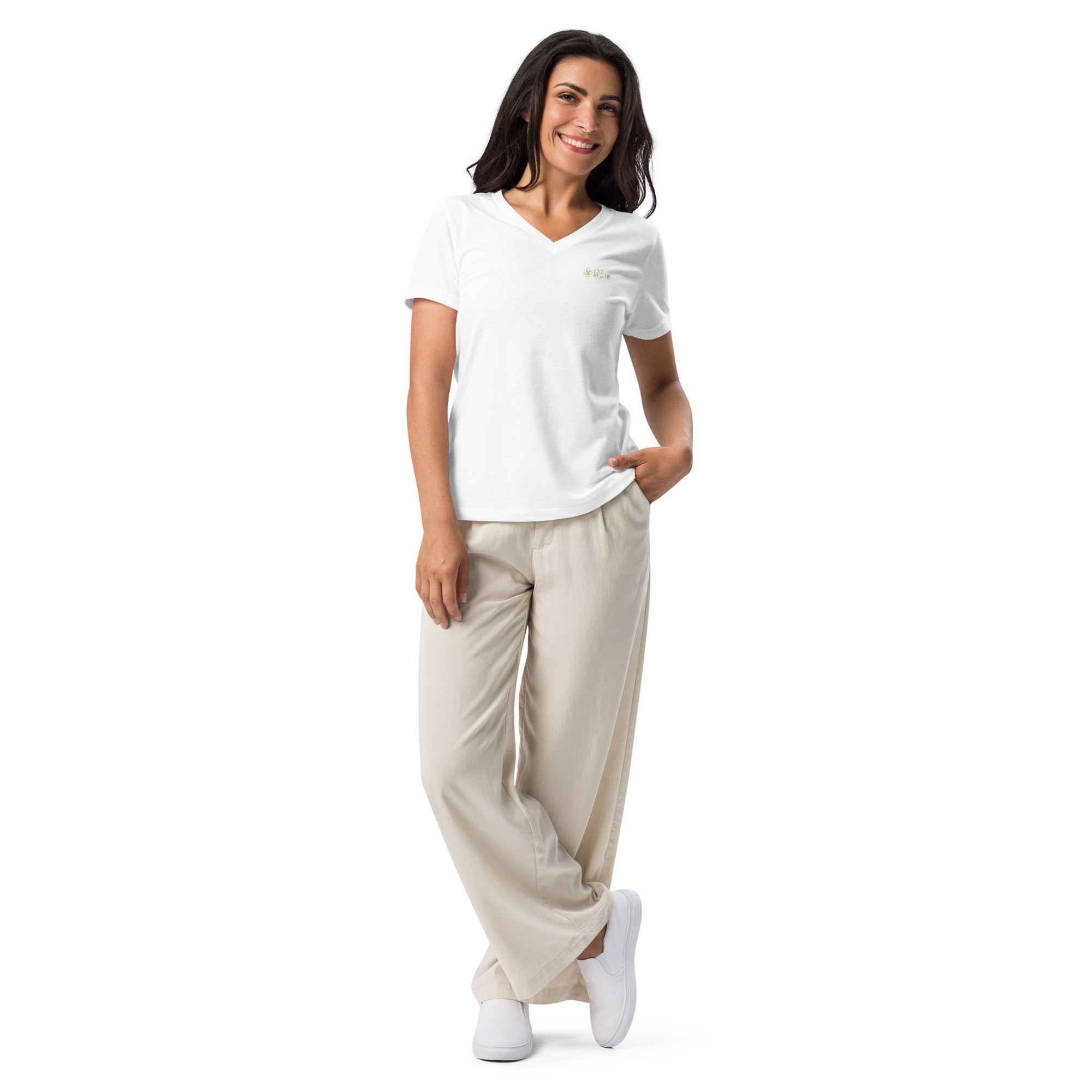 Woman wearing a white t-shirt with text and graphics on a white background