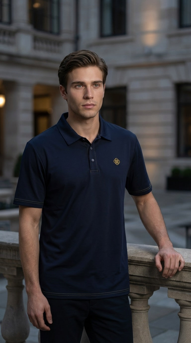 Man wearing a navy polo shirt with a logo, standing outdoors in front of a building.