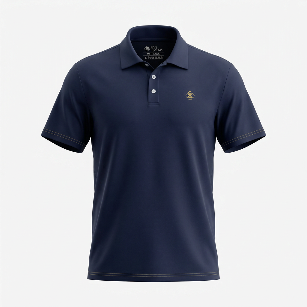 Navy blue polo shirt with a small logo on a light gray background