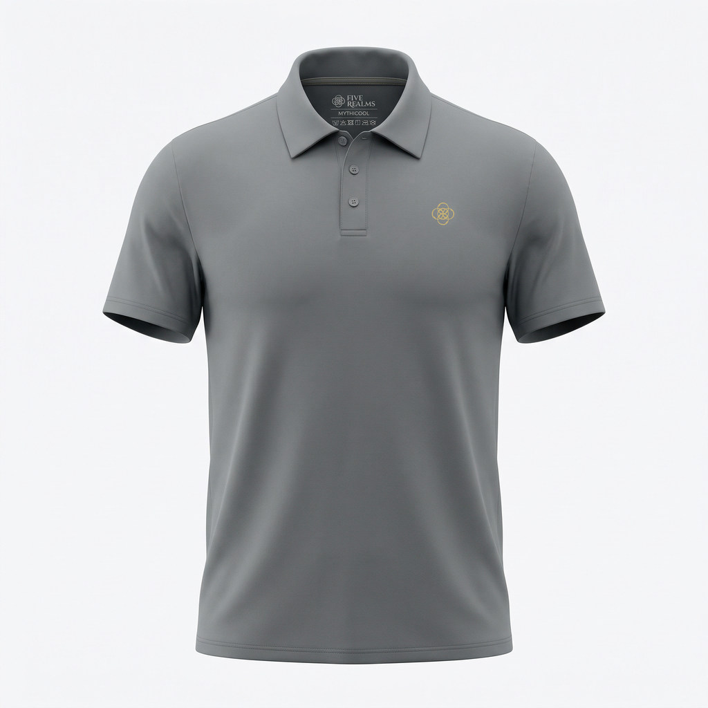 Gray polo shirt with a small logo on a light gray background
