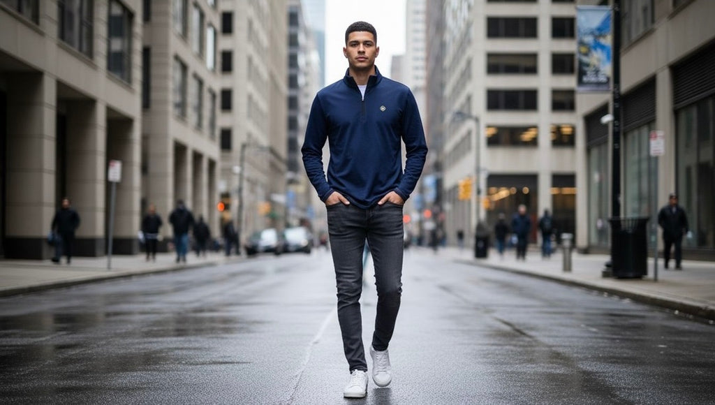 Man in a Realms Blue (Navy) Quarter Zip standing on a city street
