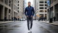 Man in a Realms Blue (Navy) Quarter Zip standing on a city street
