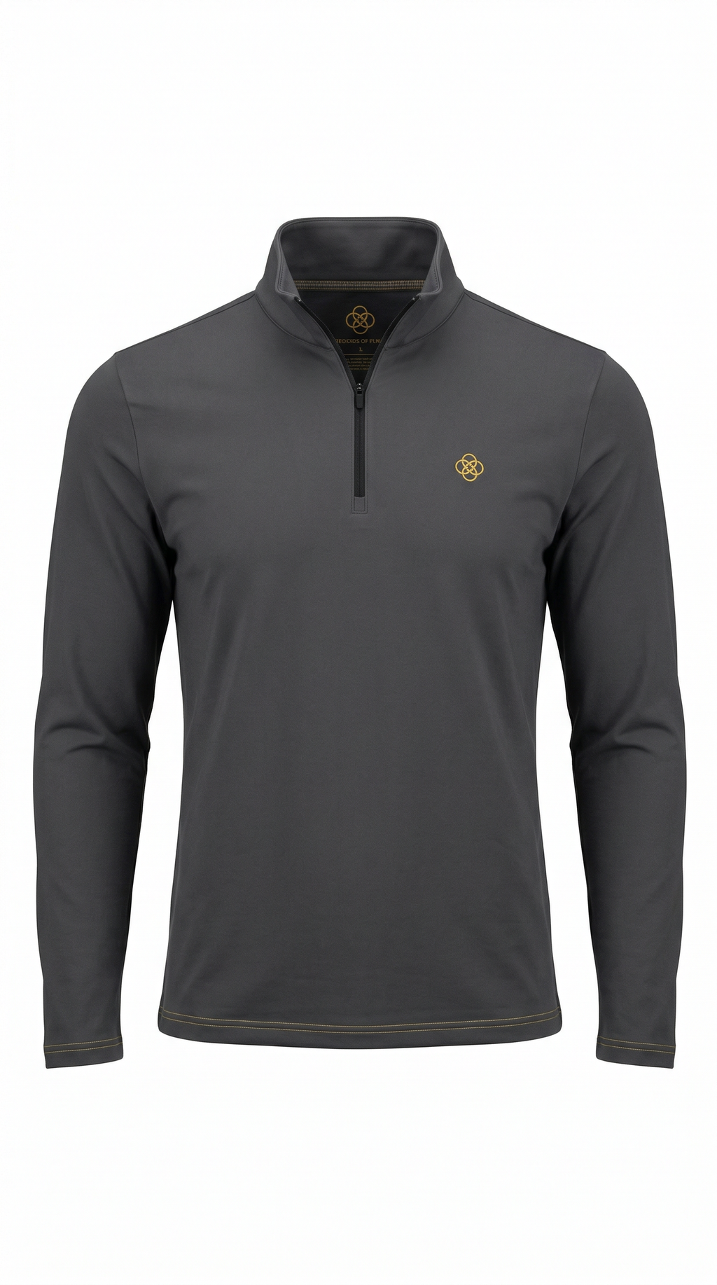 Dark gray long-sleeve pullover with a small logo on a white background