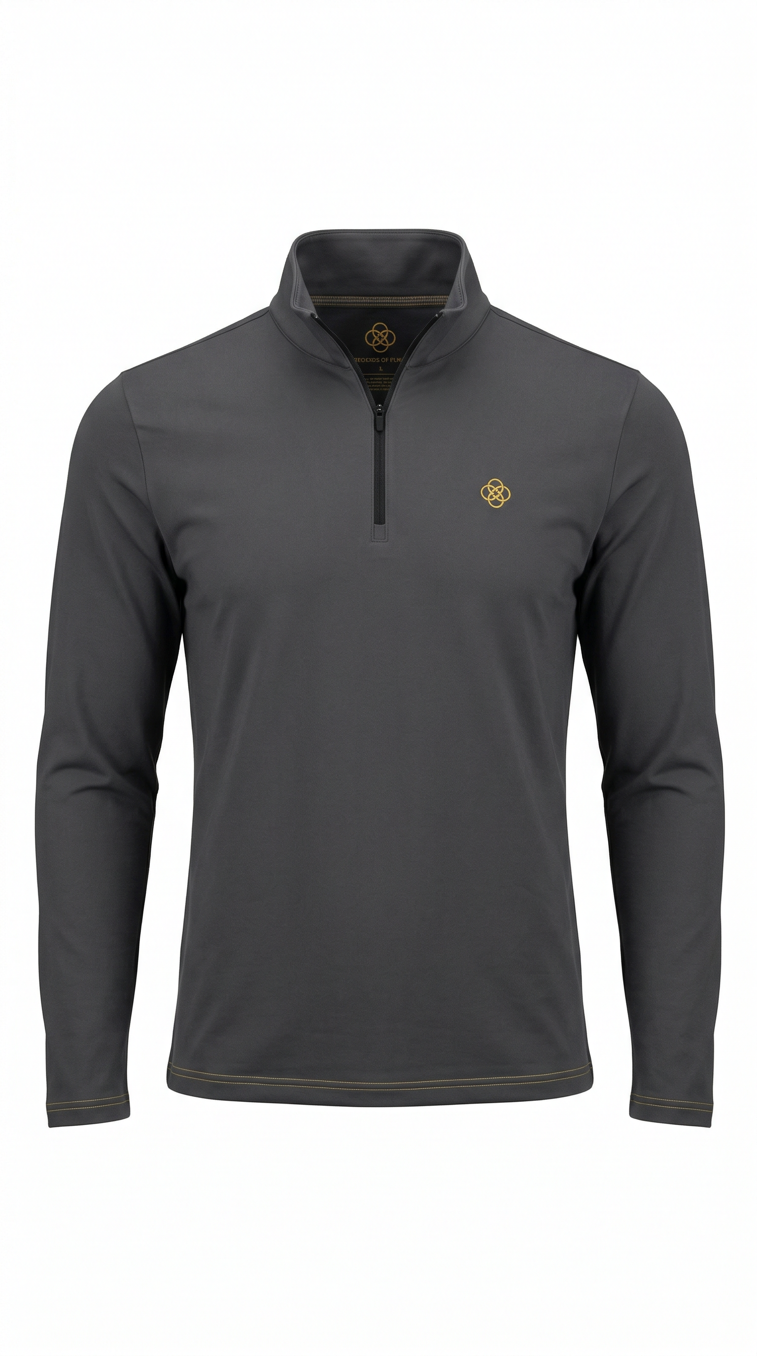 Dark gray long-sleeve pullover with a small logo on a white background