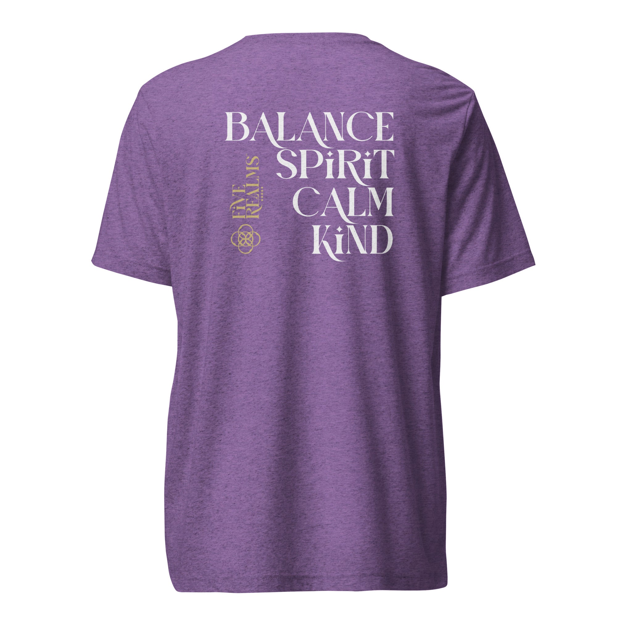Purple t-shirt with motivational text on the back against a white background