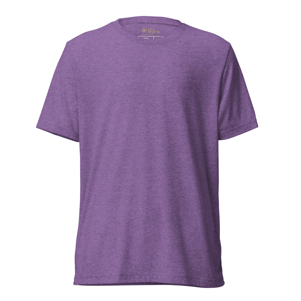 Purple t-shirt with a small logo on the chest against a white background