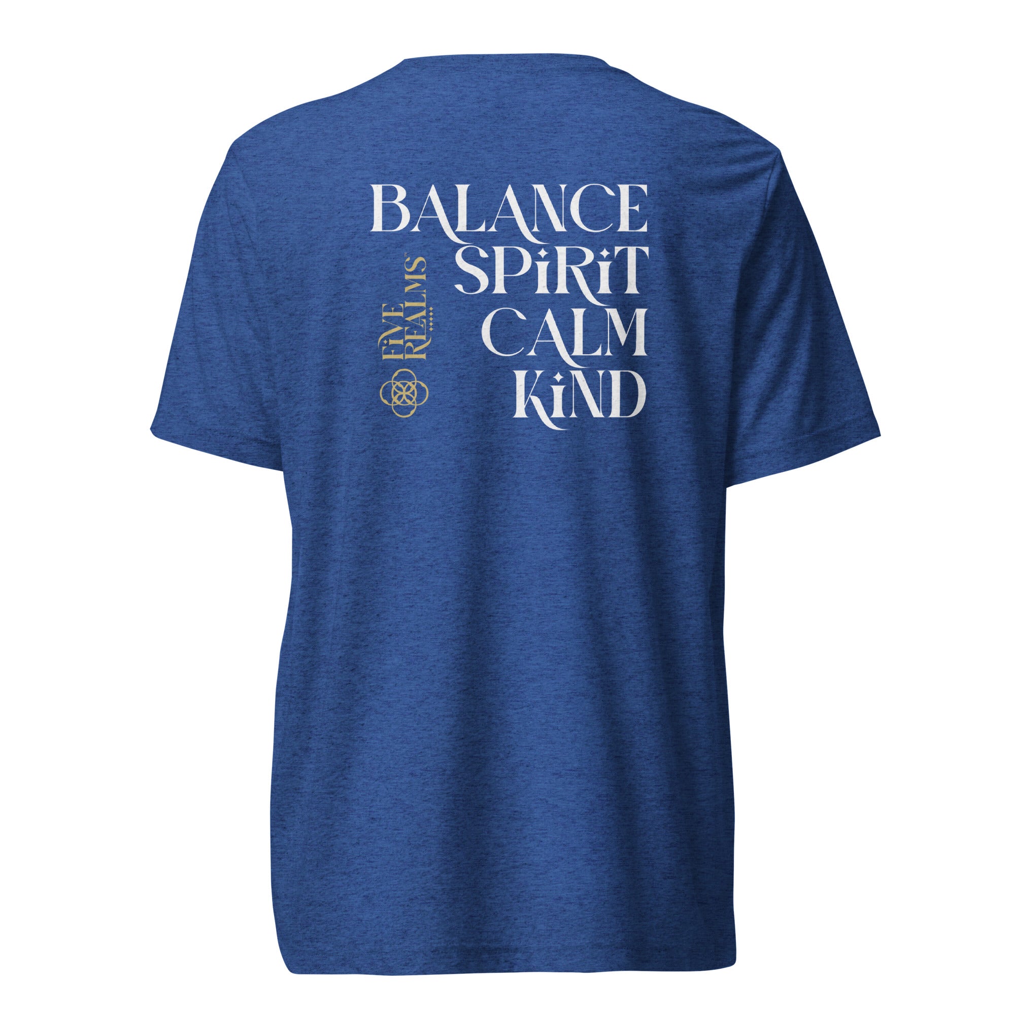 Blue t-shirt with motivational text on the back against a white background