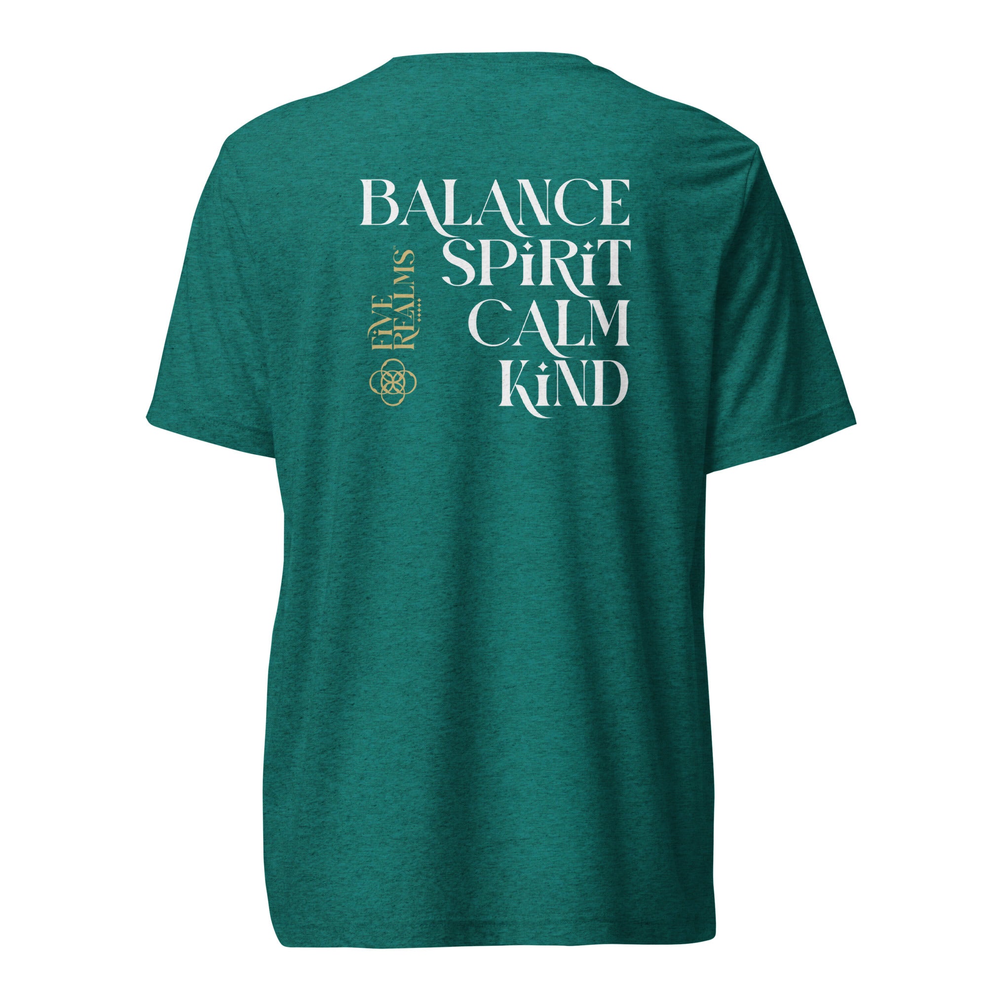Green t-shirt with motivational text on the back against a white background