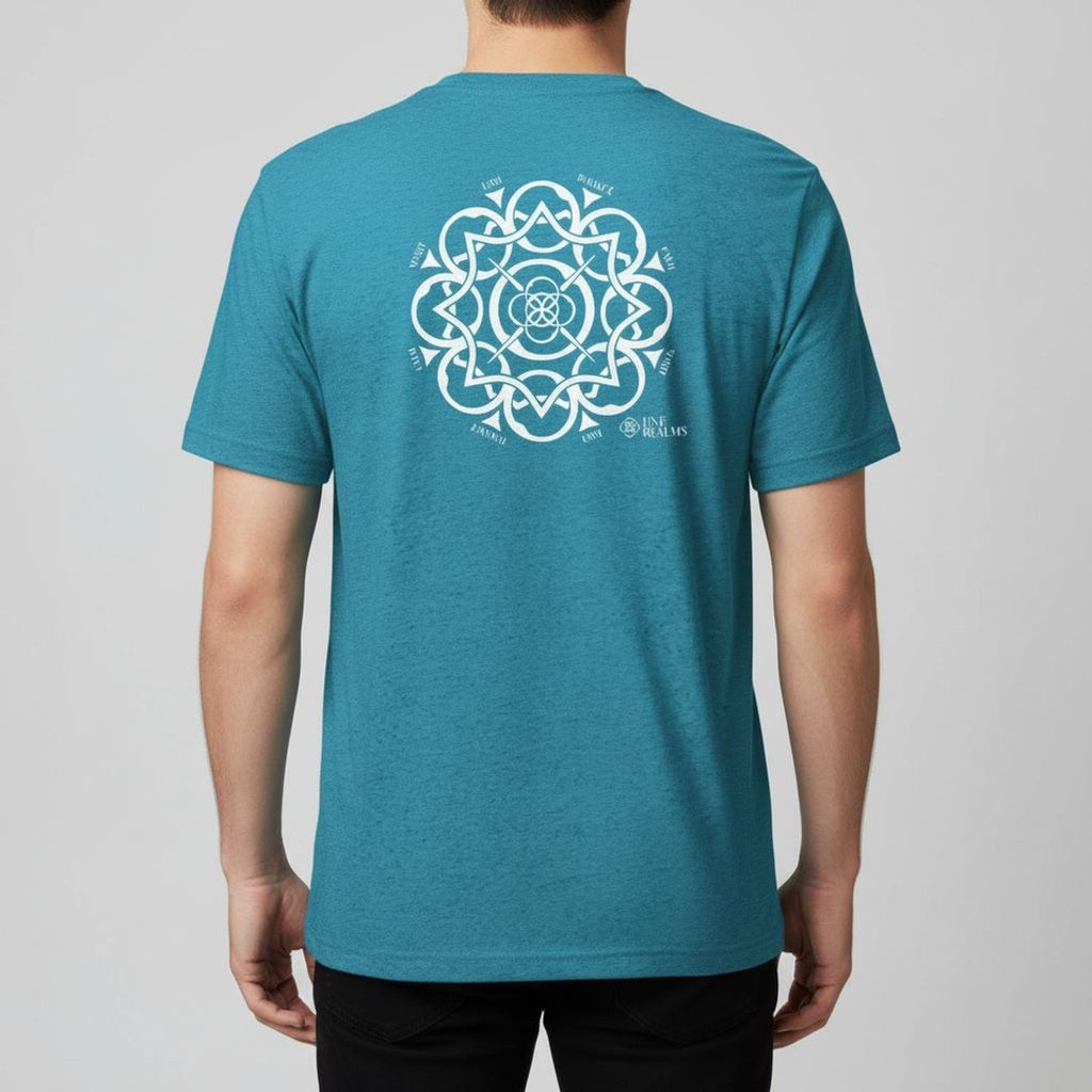Teal t-shirt with a white geometric design on the back, worn by a person against a gray background