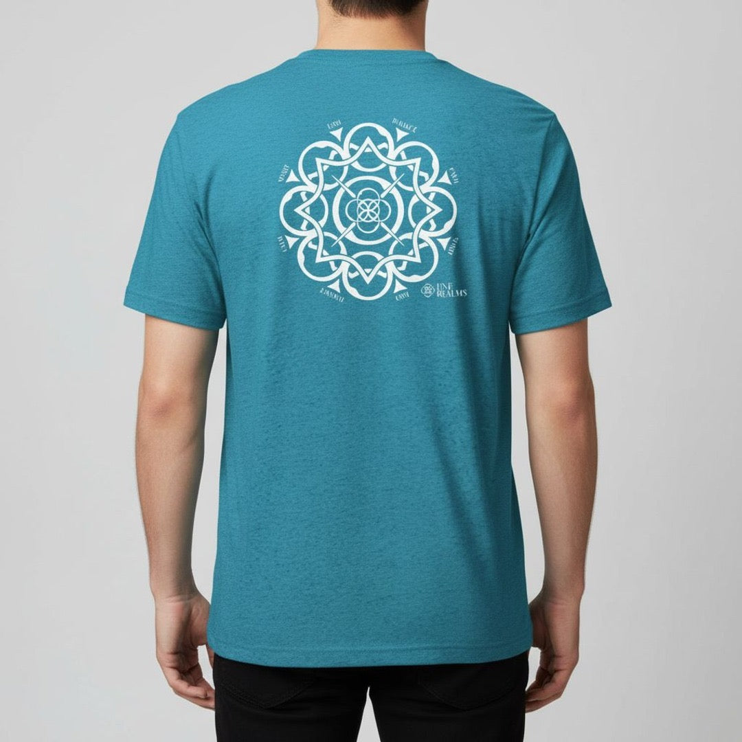Teal t-shirt with a white geometric design on the back, worn by a person against a gray background
