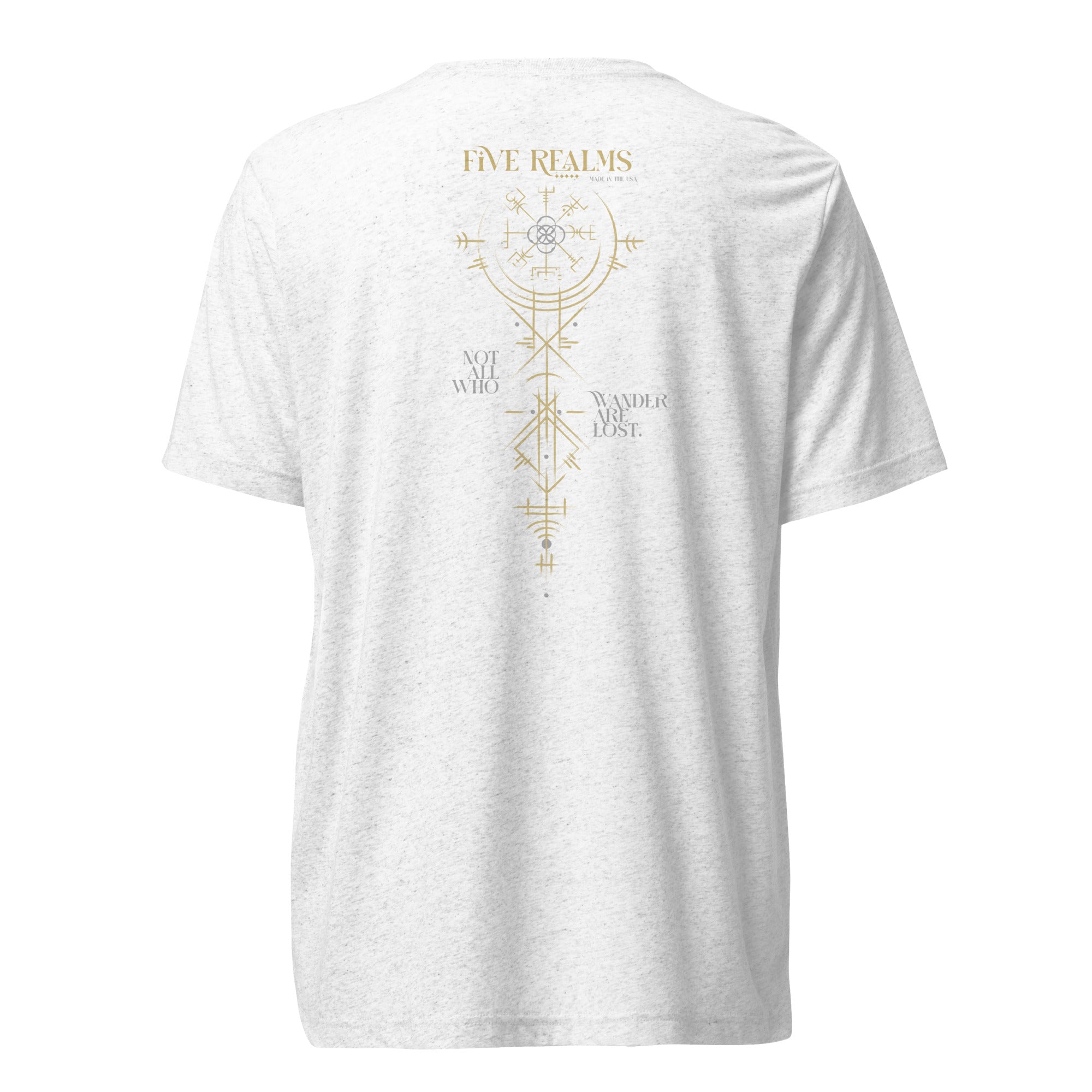 White t-shirt with gold geometric design and text on a white background