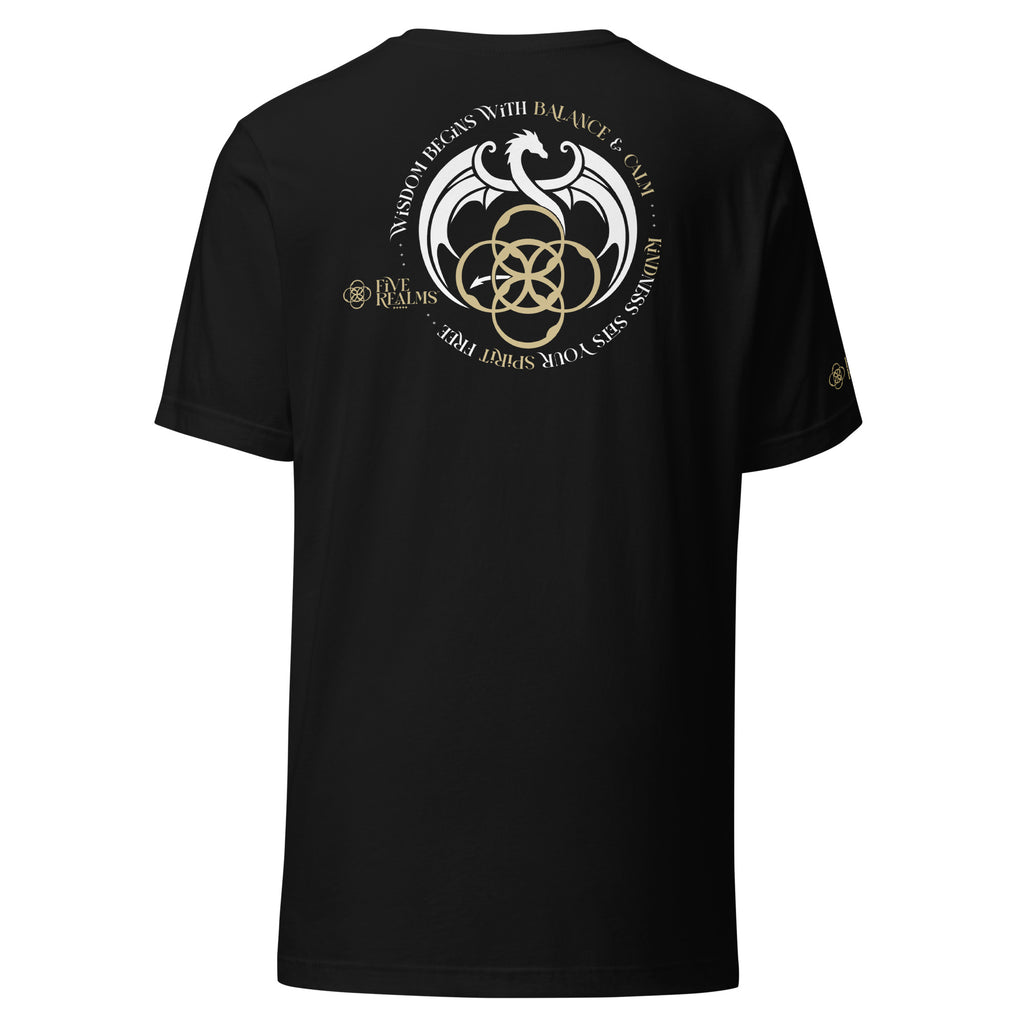 Black t-shirt with a white and gold symbol on the back against a white background