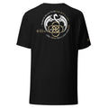 Black t-shirt with a white and gold symbol on the back against a white background
