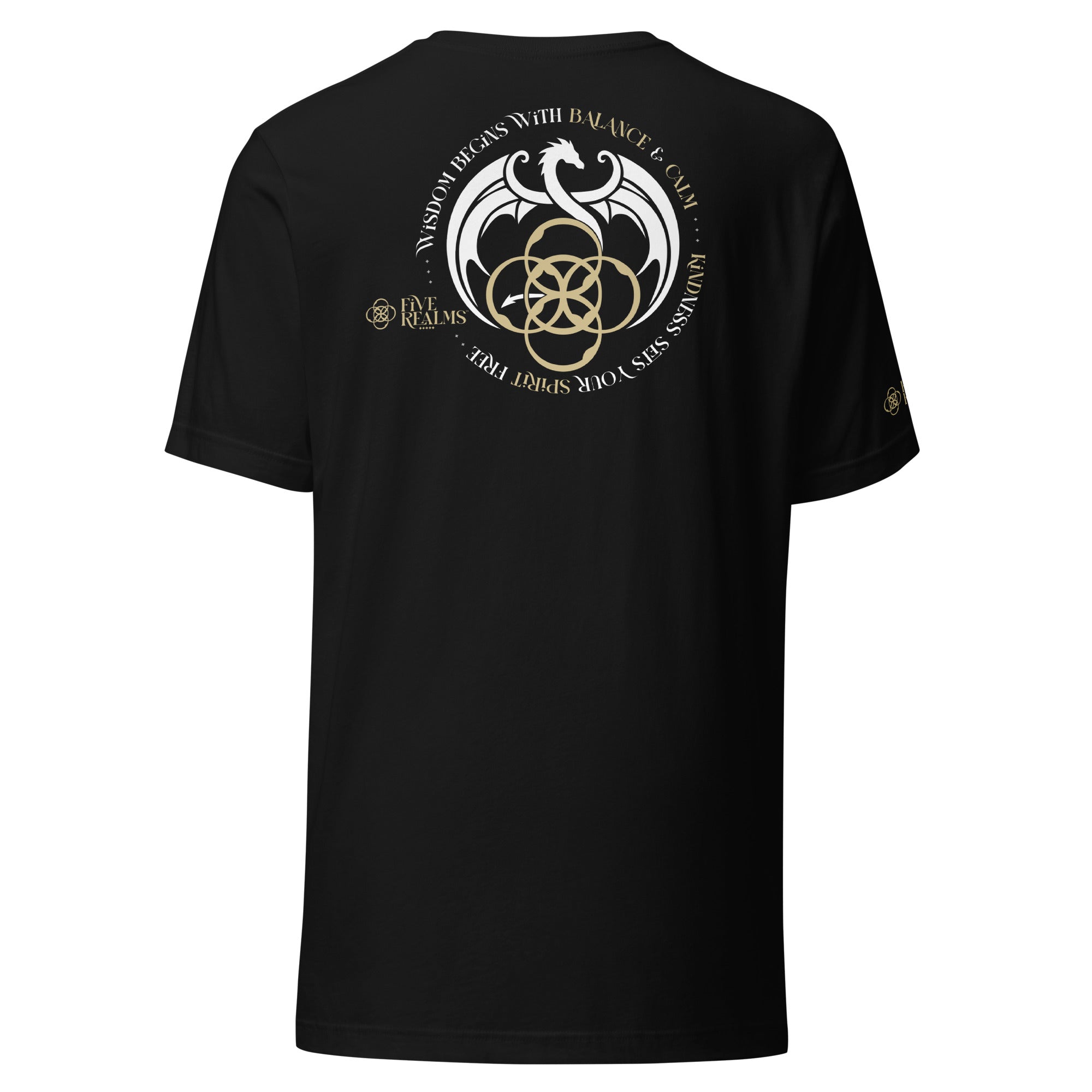 Black t-shirt with a white and gold symbol on the back against a white background