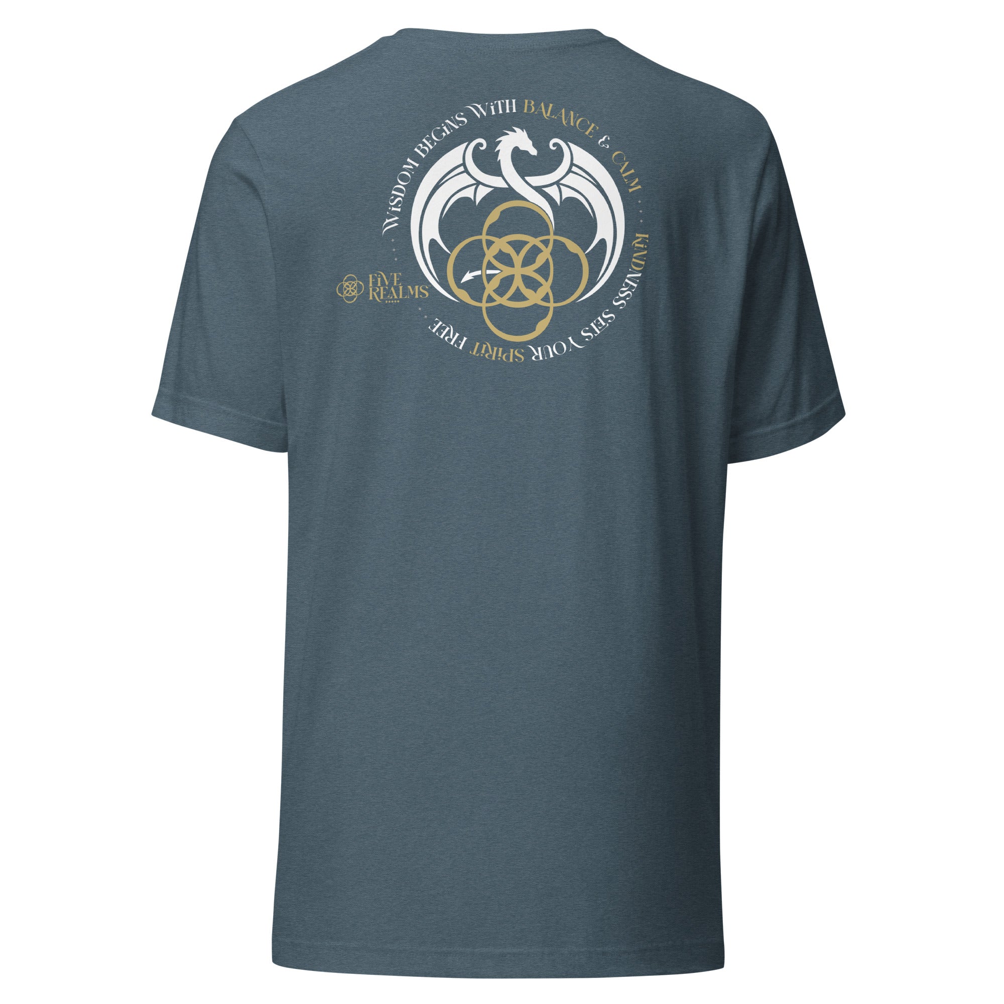 Blue t-shirt with a white and gold emblem on the back against a white background