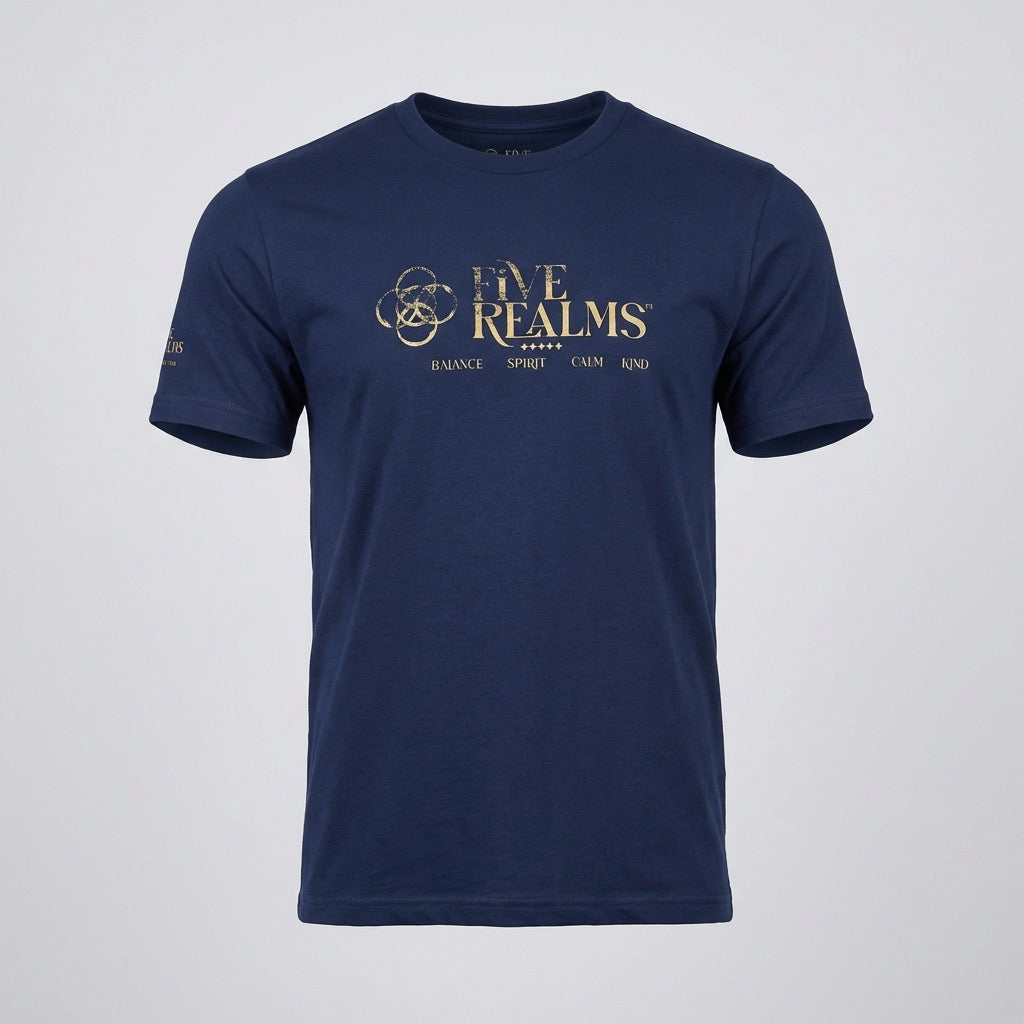 Navy blue t-shirt with 'Five Realms' logo on a light gray background