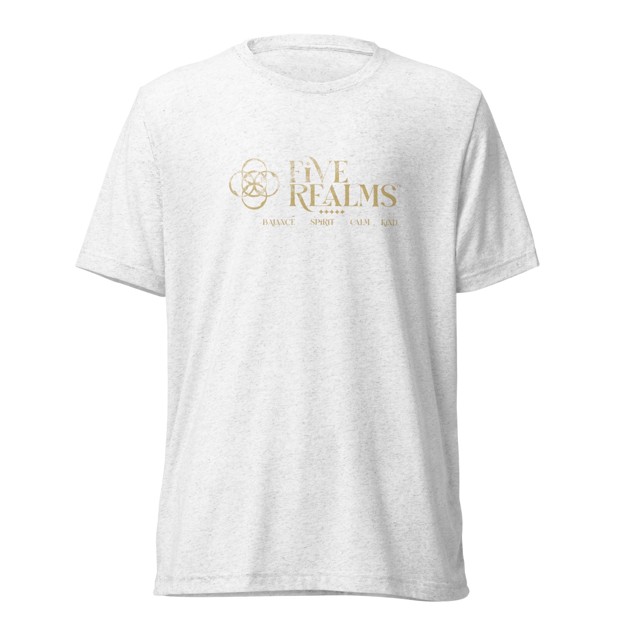 White t-shirt with 'Five Realms' logo on a white background