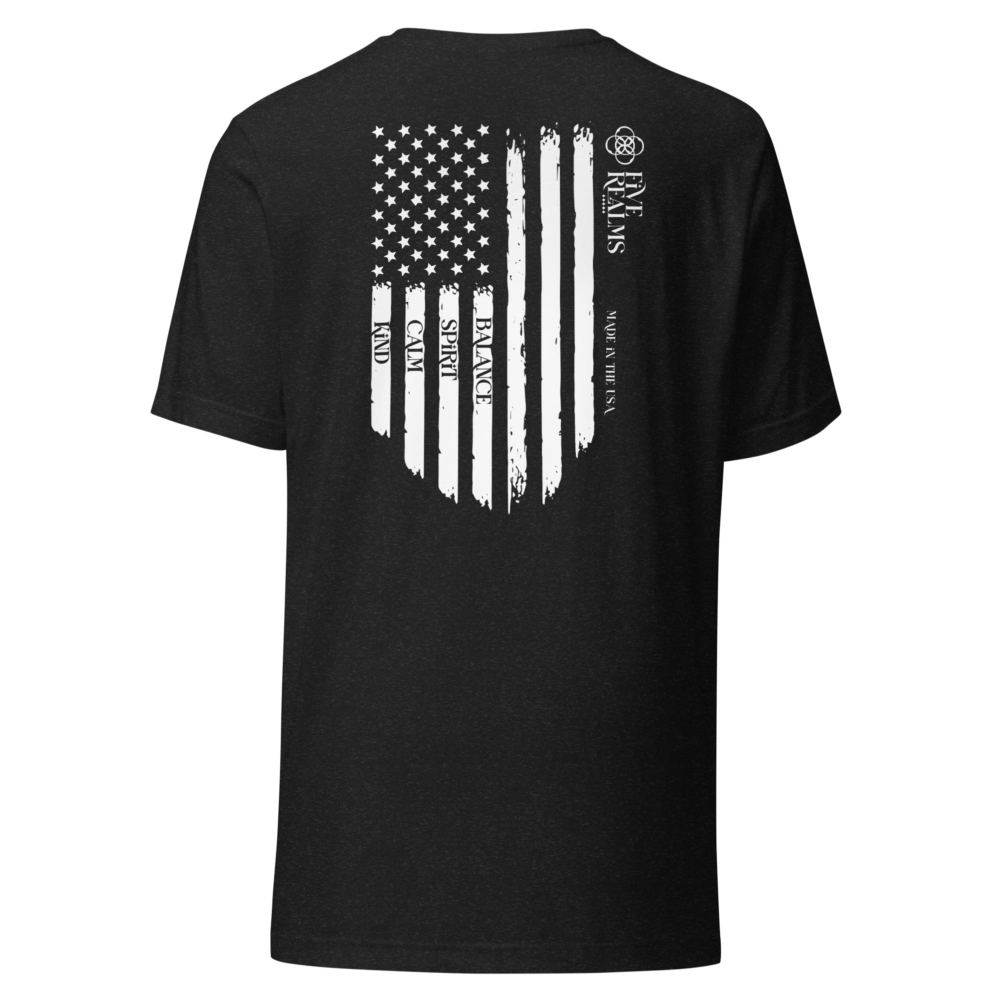 Black t-shirt with American flag design on the back against a white background