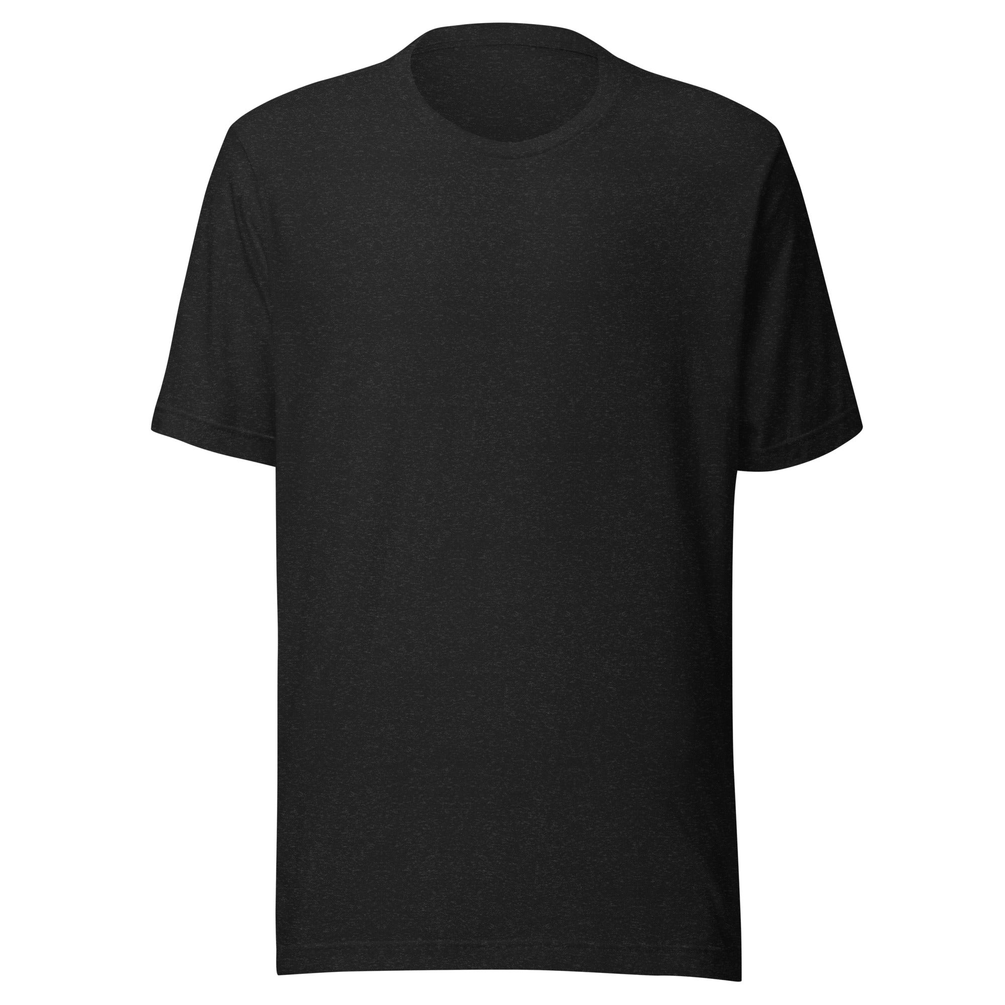 Navy blue t-shirt with white text on a white background
