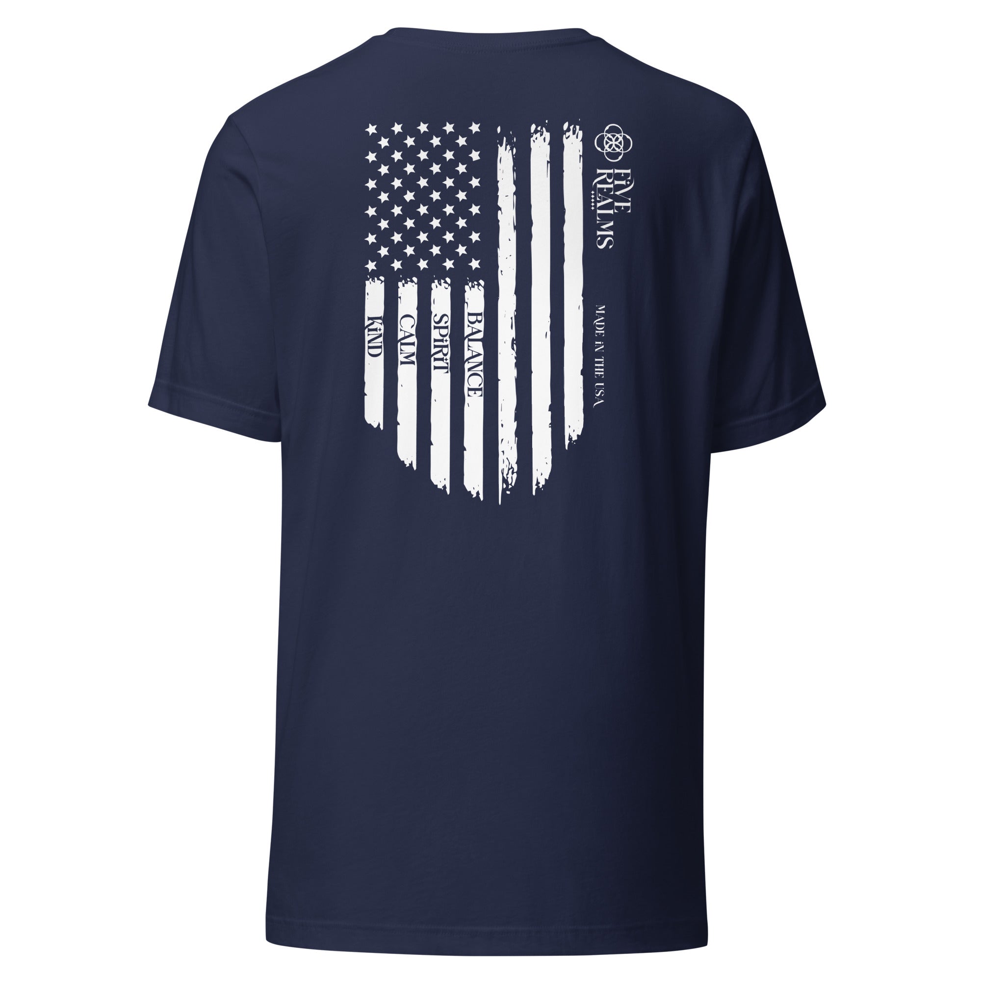 Navy blue t-shirt with American flag design on the back against a white background