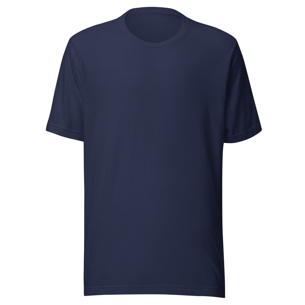 Navy blue t-shirt with white text on a white background