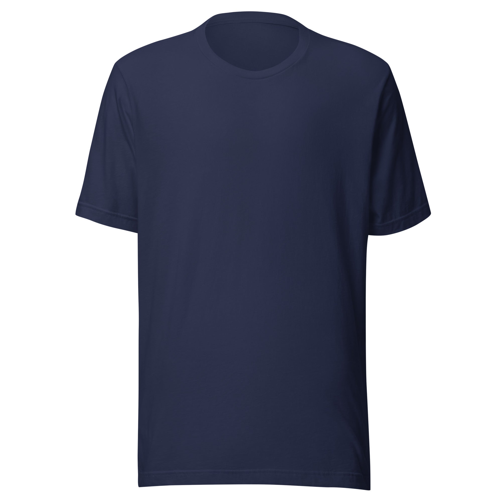Navy blue t-shirt with white text on a white background