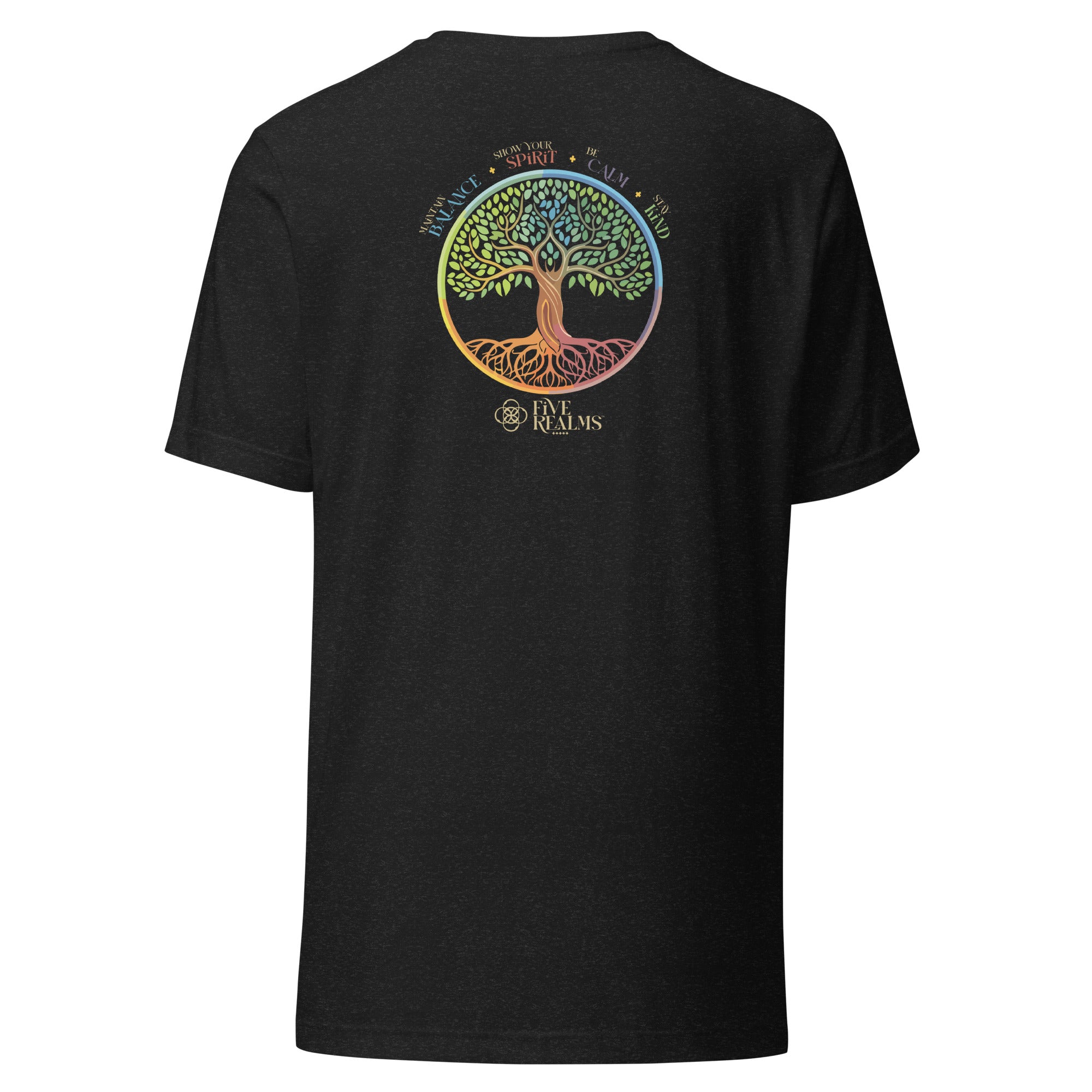 Black t-shirt with a colorful tree design on the back, brand 'Five Malas' visible.