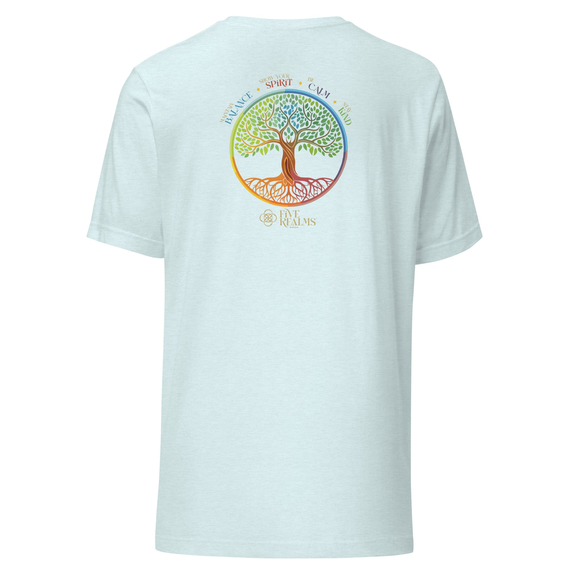 Light blue t-shirt with a colorful tree design on the back against a white background
